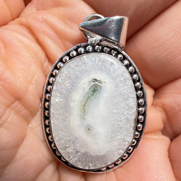 Solar Quartz Druzy Pendant – Sterling Stamped Bale – Oval Stone Jewelry - Picture 8 of 8